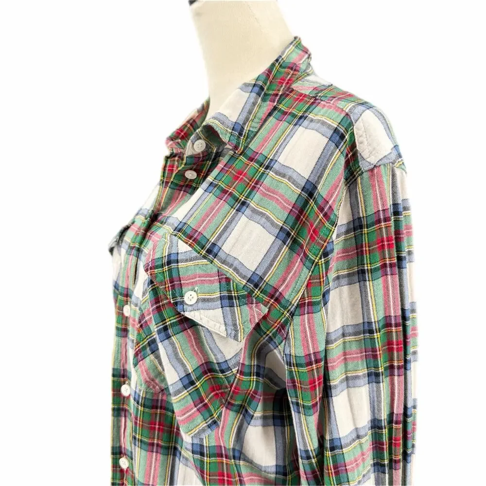J. Crew Cotton Ivory Blue Green Plaid Plus Tartan Button Down Collared Top